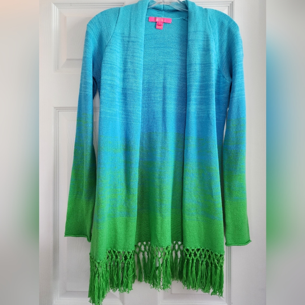 LILLY PULITZER Cardigan Sweater - Fringe Hem - Ombre Aqua Blue to Green - XXS